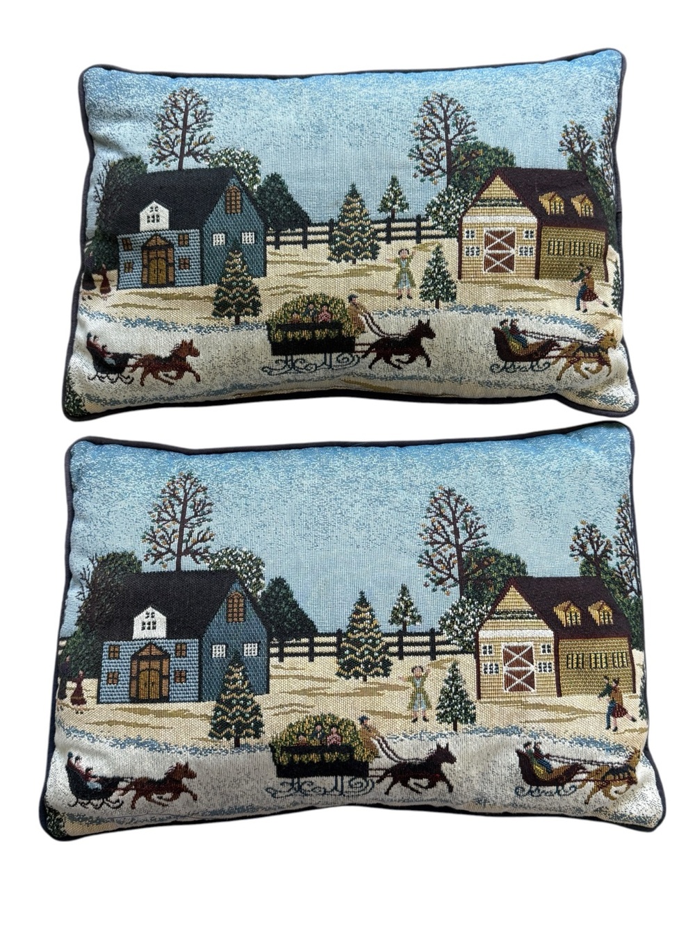 Vintage Christmas Tapestry Pillow Set Horse Sleigh Winter Village Cottage Decor